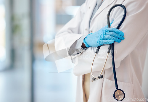 Image of Medical hands, healthcare and doctor with stethoscope in hand of nurse for research, heartbeat or breathe in hospital. Medicine, insurance and consulting with health professional cardiology in clinic