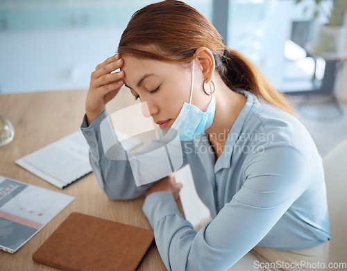Image of Stress, covid fatigue and woman with headache pain at in the office at work suffering from illness and sickness virus. Tired, mental health and person with migraine sleeping on the job in a mask