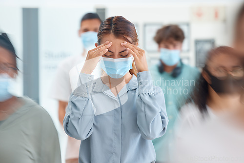 Image of Covid, headache and business woman in mask in busy work environment, company office lobby or people crowd. Health, healthcare safety ppe or female burnout stress, sick or corona virus infection pain