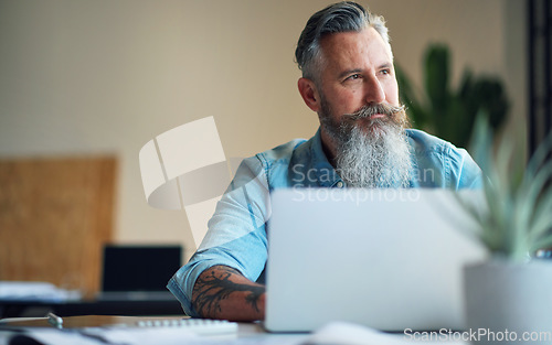 Image of Business man, thinking and computer work in a office doing internet, web and digital research. Accounting, finance and data strategy of a senior IT expert working on planning financial analytics