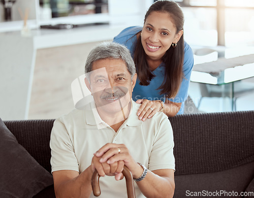 Image of Portrait of senior man, nurse and caregiver in nursing home for healthcare, support and disability rehabilitation help. Elderly, happy and disabled patient with smile medical therapist in retirement