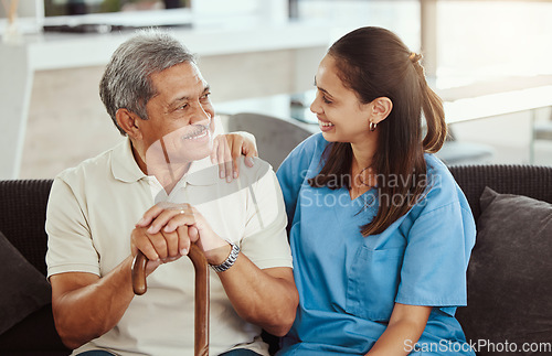 Image of Nurse, healthcare and senior patient with medical support from caregiver, aid or hospice for health, wellness and healthy communication in retirement. Elderly man with trust in woman in old age home