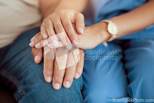 Image of Support, trust and hands, a couple in therapy or marriage counseling session. Love, care and understanding between man and woman together. Hope, empathy and help in a time of need for mental health.