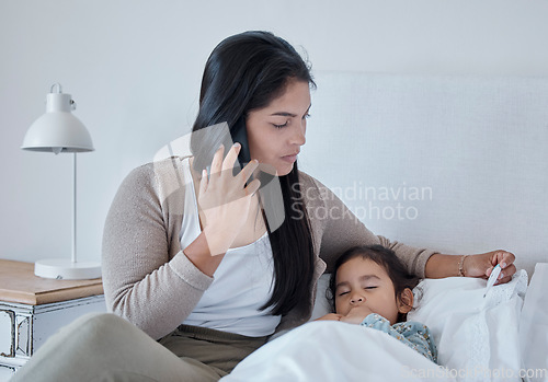 Image of Woman make phone call, sick child in bed sleeping with covid or virus in home. Mom fear for kid healthcare, contact doctor or pediatrician with smartphone for medical advice or medicine to help girl