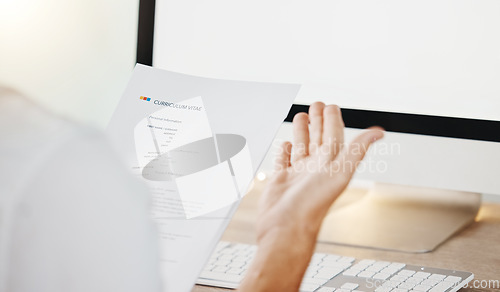 Image of Hr manager, woman and cv resume while reading information and choosing candidate to hire during online job interview. Closeup female hands holding paper or document for hiring or recruitment on pc