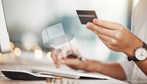 Image of Credit card, online payment and finance man hands in business typing information for easy loan or digital banking web. Fintech, ecommerce corporate worker check online application for credit score