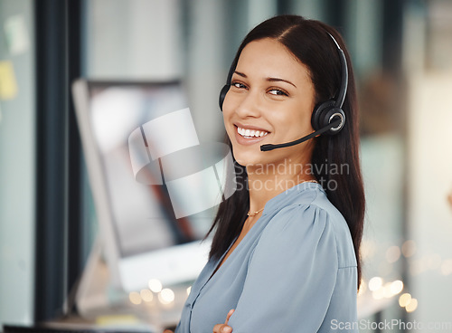 Image of Call center, customer service woman consultant portrait for telemarketing, crm advice or ecommerce support. Fintech, software information technology agent for online helping, communication or talking