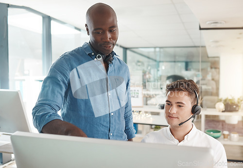 Image of Man learning customer service training for telemarketing call center job, talking about crm and online support skills. Responding to contact us forms, questions and helping give customers good advice