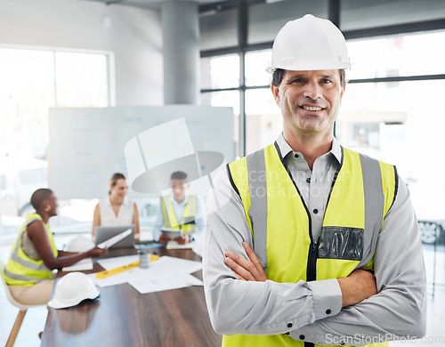 Image of Construction worker, engineer man and architecture leader or boss with planning strategy for architecture building or construction vision. Industry development manager or contractor with leadership