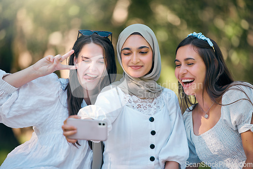 Image of Selfie, phone and friends in nature park relax, bond or enjoy outdoor quality time together on spring day. Smile, goofy or fun group of people, girl or diversity women post to online social media app