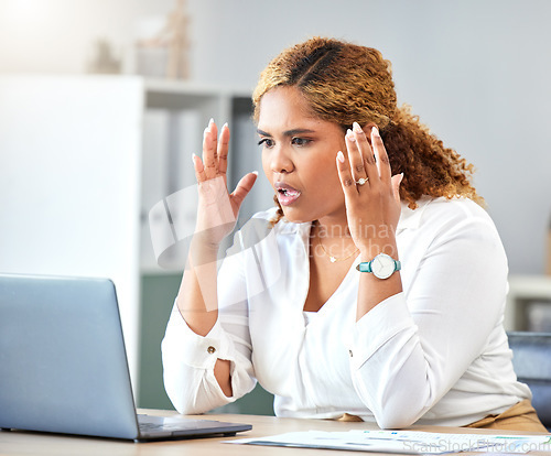 Image of Confused business black woman with laptop error, 404 report or network fail in office. Digital website corporate worker or marketing manager with internet technology problem, mistake or work stress