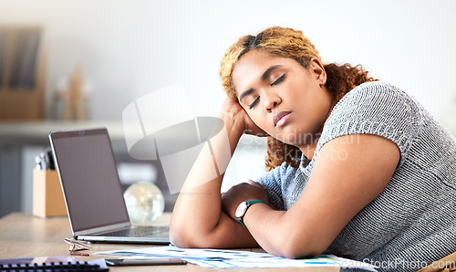 Image of Sleeping, desk and office worker burnout while working with laptop. Stress, fatigue and tired problem in your unhealthy workplace. Overworked, sleep and feeling anxious while you stay to do overtime