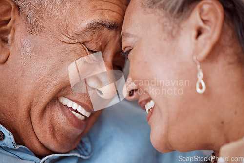 Image of Love, couple and face of senior man and woman embracing and laughing, relax and bonding in their living room. Rest, happiness and retirement by caring soulmate share sweet moment, enjoy relationship