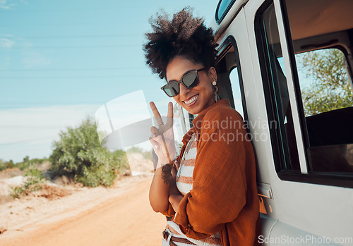 Image of Travel, van and woman with peace hand sign on road trip in Mexico, happy, relax and smile. Summer, nature and journey in a countryside with a black woman excited about adventure and hipster lifestyle