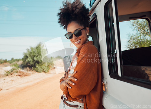 Image of Travel, freedom and road trip by woman on a break in the countryside, smiling while enjoying the view of Mexico. Summer, van and black woman relax in nature, looking proud on a solo adventure