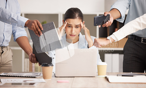 Image of Stress, anxiety and multitasking business woman with headache from workload and laptop deadline in office. Burnout, frustration and overwhelmed lady exhausted, procrastination in toxic workplace