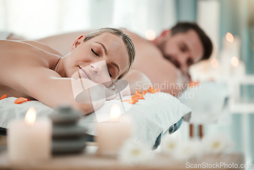 Image of Spa, couple and massage at wellness center with woman and man relax after skincare and pamper treatment. Vacation, luxury and beauty therapy at zen resort in Thailand with peaceful wife and husband