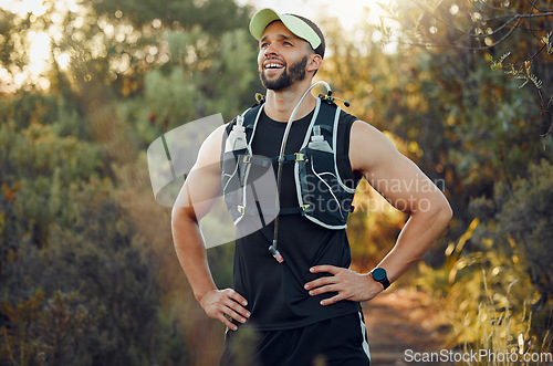 Image of Sports rest, running and forest fitness man body wellness, training motivation and exercise in Australia nature outdoors. Happy, workout and healthy hiking athlete, trail runner and breathing break