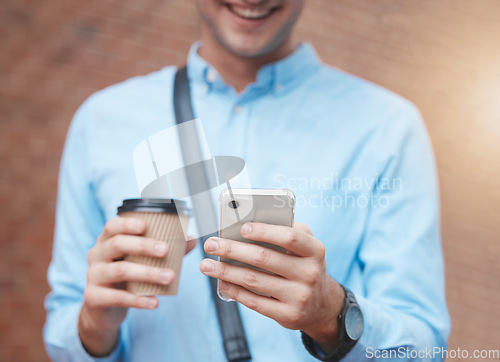 Image of Hands, phone and city travel with coffee on morning work commute to company interview or on break. Zoom, smile and happy businessman with 5g social media or communication technology with takeaway tea