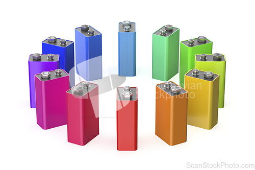 Image of Many 9V batteries with different colors