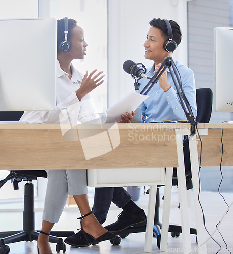 Image of Business podcast, media interview and radio blog live streaming for corporate news show, broadcast conversation and audio discussion. Professional presenter hosting internet office talk on microphone