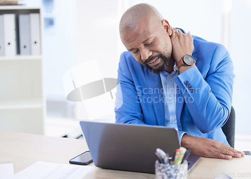 Image of Burnout, stress or man with neck pain working on laptop with headache, depression or mental health in office. Frustrated, sad or tech employee or businessman with anxiety from audit, 404 or pc glitch