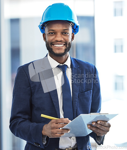 Image of Happy architect, black businessman or engineer for construction writing notes, planning or management goal with smile. Contractor portrait, manager or logistics working on project management design