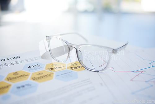 Image of Glasses, documents and marketing research charts on advertising startup, creative company or small business. Zoom, vision and paper for office finance accounting, target audience research or kpi data