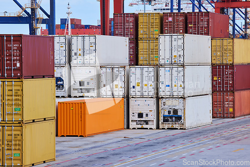 Image of Manufacturing container, shipping logistics and warehouse cargo, commercial economy and industrial factory stock in Singapore. Supply chain production, freight distribution and global export trade