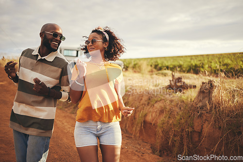 Image of Travel, dance and black couple in Mexico, having fun, laughing and bonding in nature together. Freedom, love and road trip adventure with black woman and man dancing and celebrating their journey