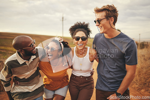 Image of Diversity, friends and on countryside holiday smile, relax and happy together on dirt road trip. Group excited, on adventure and travelling to celebrate summer vacation, have casual talk and laugh.