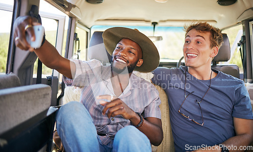 Image of Travel, friends and selfie on a phone by men on a road trip, bonding on a backseat while driving in a vehicle. Freedom, relax and happy black man taking photo with friend on their journey together