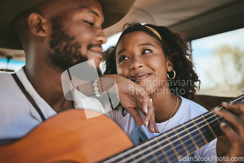 Image of Road trip, guitar and black couple enjoy freedom music on adventure drive and travel on summer vacation having romantic song moment. Love of man and woman with instrument on motor transport getaway