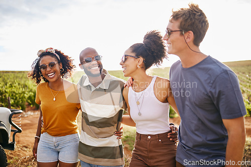 Image of Summer, adventure and portrait of friends in nature on holiday, enjoying roadtrip. Vacation, freedom and young multicultural group smiling in countryside. Travel, explore and happy people on journey