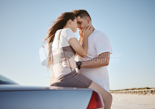 Image of Car, love and couple on a road trip in summer on a holiday vacation for bonding, romance and romantic honeymoon. Travel, freedom and young woman holding her partner outdoors enjoying their weekend