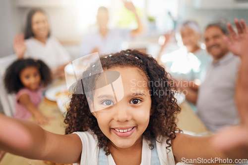 Image of Girl, selfie and family in living room for breakfast, dinner or lunch happy together. Black family, home and dining room for food, meal and happiness in morning photo, bonding and sunshine in Chicago