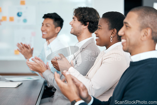 Image of Meeting, success and hand clapping in presentation by business people after motivation and goal speech in office. Applause, sale and diverse team cheering about growth, data and development target