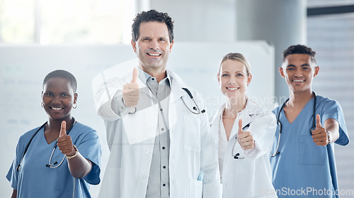 Image of Thumbs up, doctor and happy nurse staff together with success, thank you and welcome hand sign. Portrait of healthcare, medical and health clinic staff smile with a yes, winner and agreement gesture