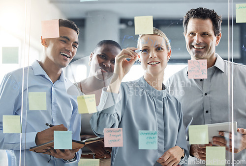 Image of Glass, wall and sticky notes with business people collaboration, planning and schedule management in office. Innovation, thinking and team strategy for goal and vision mission by working entrepreneur