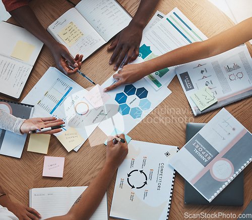 Image of Strategy, planning and business people hands in collaboration meeting for marketing analytics, finance budget report and erp chart paperwork. Financial team with sticky note and documents kpi review