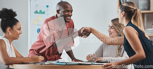 Image of Diversity partnership, team and handshake for startup company, job interview and approved contract. Happy, team and employees agree on successful group project, sign contract and office teamwork.