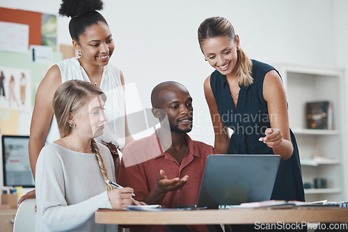 Image of Diversity, business people and team on laptop in collaboration for strategy, ideas and planning at the office. Group of creative designers working on computer in teamwork for success at the workplace