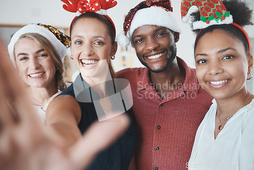 Image of Christmas, diversity and friends take a selfie at a party in celebration of a happy holiday tradition at home. Smile, happiness and young people taking pictures to celebrate fun festive season break