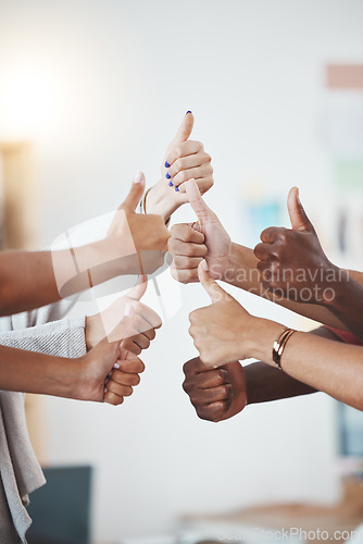 Image of Thumbs up, hand or gesture for success, support or trust. Diverse group or team of business men or women show hands as thank you or approval to idea plan, strategy or yes for goal, target and winner