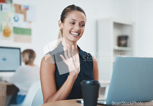 Image of Laptop, video call and business woman in the office with smile and waving hand. Businesswoman using computer webcam for online business meeting in the workplace to talk to international colleagues