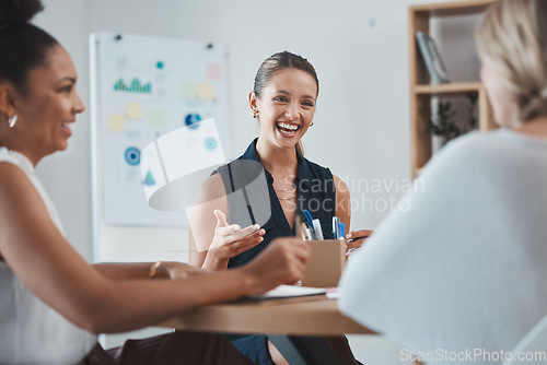 Image of Business women, client and partnership meeting with a client about success, strategy and teamwork. Working, collaboration and happy corporate employees talking about planning a team deal together