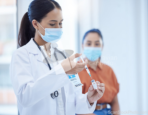 Image of Covid vaccine, healthcare and doctor consulting with a patient at a hospital. Nurse, medical employee and worker helping a woman with safety from virus with medicine and liquid with face mask