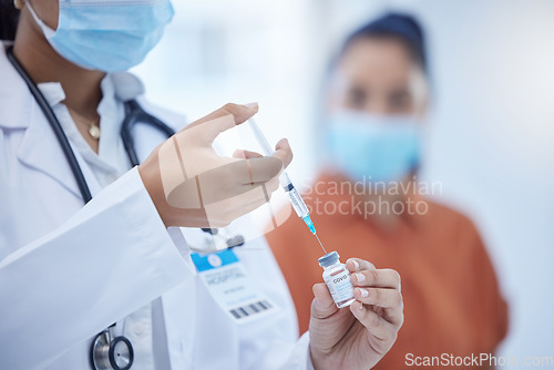 Image of Vaccine, covid and hospital doctor worker with a patient ready for medicine injection help. Medical clinic healthcare woman consultant in a consultation helping with dengue or corona prevention