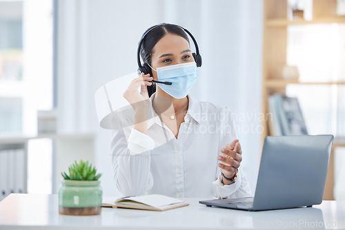 Image of Covid, communication and call center woman with telemarketing headset testing mic connection. Professional customer service office consultant working with coronavirus face mask protection.