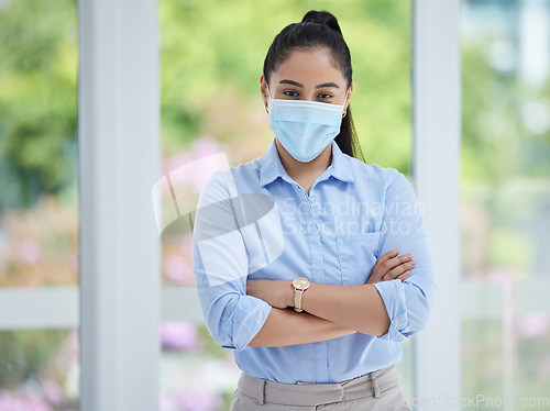 Image of Covid, face mask and business woman with compliance, safety and company policy motivation in human resources management. Proud corporate manager or hr worker corona virus health portrait in an office
